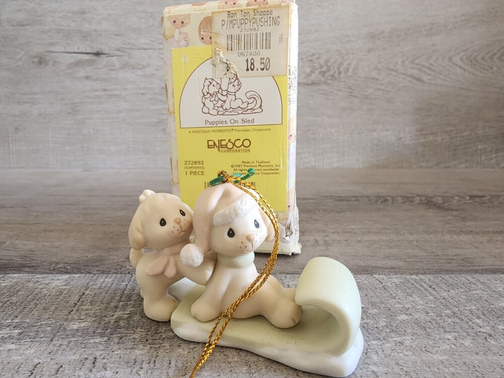 Precious Moments 272892 “Puppies On Sled” Ornament With Box 1997 Damaged Box